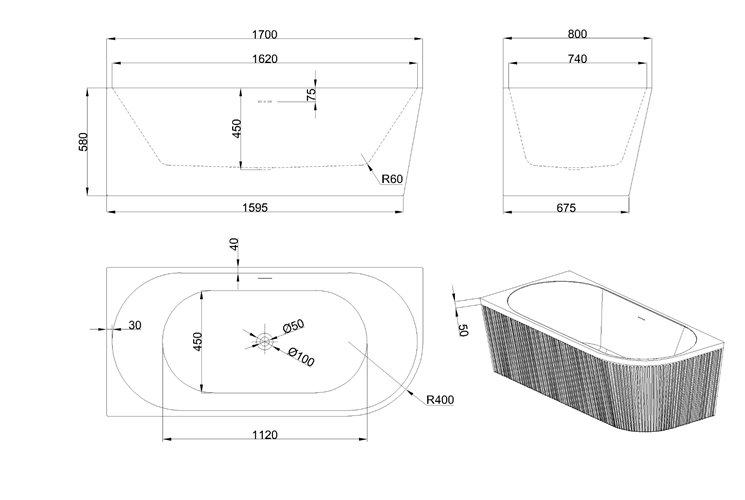 Ryflowana wanna narożna wolnostojąca przyścienna lewa 170 cm Glamour Invena AN-02-12L-M