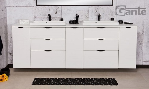 Biała matowa szafka łazienkowa z dwiema umywalkami 210 cm Liv 2 Victa