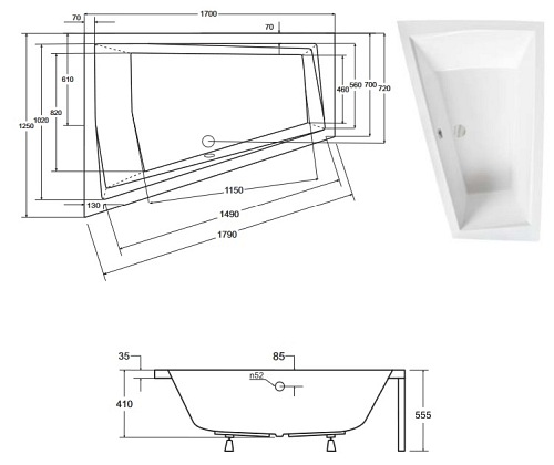 Wanna asymetryczna dla dwojga Intima Duo Besco lewa 170x125 cm