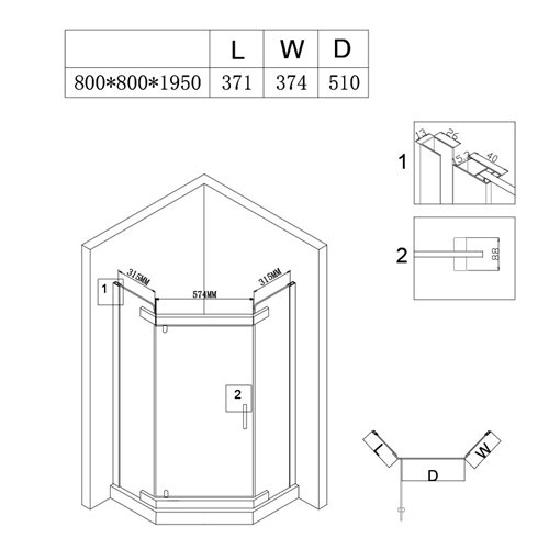 Chromowana kabina prysznicowa pięciokątna 80x80 drzwi uchylne KZ91A