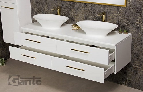 Szafka wisząca biały mat z dwiema umywalkami nablatowymi 160/50 cm Belli Gold Gante