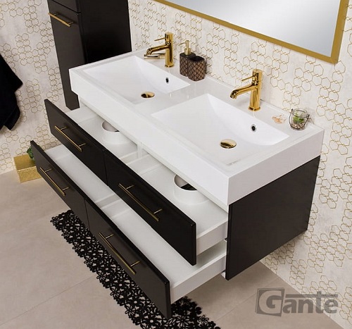 Szafka łazienkowa wisząca czarny mat z umywalką dwie komory 120 cm Nela Belli Gold Gante