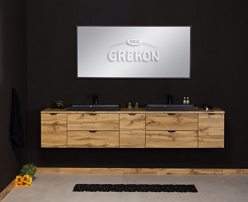 Szafka łazienkowa wisząca 2 x czarna umywalka nablatowa dąb naturalny 210 cm Victa Gante