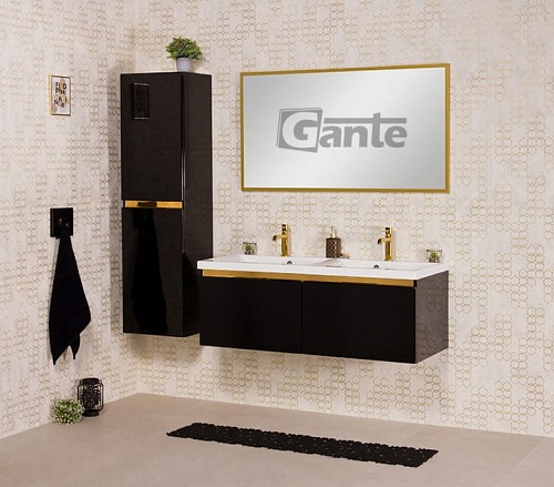 Czarna szafka z podwójną umywalką złoty uchwyt 120 cm seria Diamond Gold Gante C