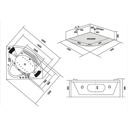 Wanna z hydromasażem narożna podgrzewacz wody 140x140 Flores 601