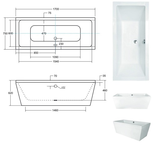 Wanna wolnostojąca przyścienna + klik-klak chrom Vena Besco 170 cm