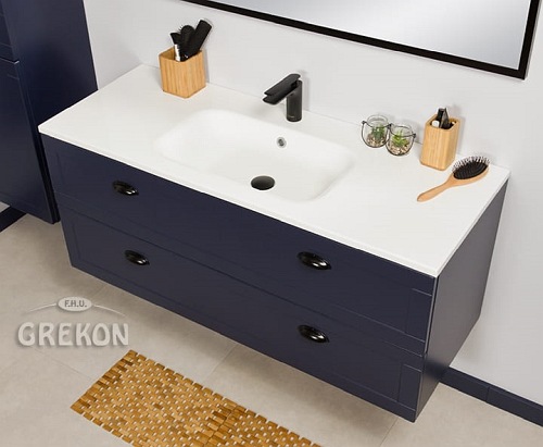 Wisząca szafka z umywalką granatowy mat 120 cm seria Grend Gante