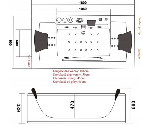 Wanna z hydromasażem prostokątna podgrzewacz wody Levante 659 180x90 cm