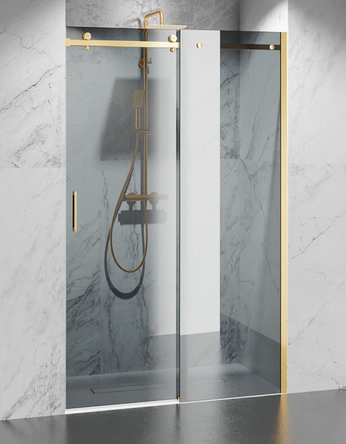 Drzwi prysznicowe rozsuwane prawe/lewe do wnęki 152-161 cm szkło 8mm grafitowe profile złoty mat Swiss Liniger