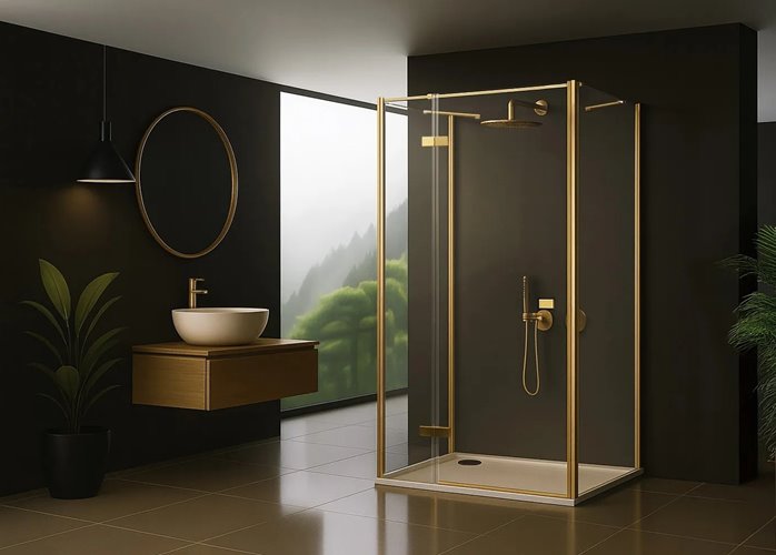 Prostokątna kabina prysznicowa przyścienna lewa 100x90x90 Atlas Rea złoto szczotkowane