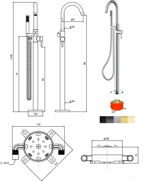 Bateria wannowa wolnostojąca złota Veo I Easy Box Besco BW-VI-ZL