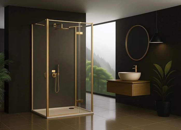 Kwadratowa kabina prysznicowa przyścienna prawa 90x90x90 Atlas Rea złoto szczotkowane