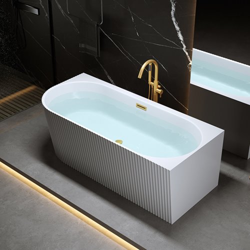 Wanna ryflowana przyścienna narożna prawa korek oraz przelew złoty szczotkowany 150 cm Rio Hydrosan