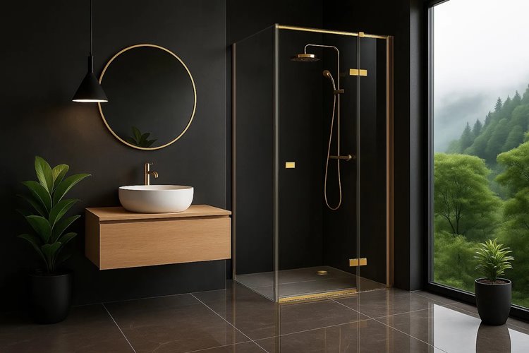 Kwadratowa kabina prysznicowa narożna prawa 100x100 Atlas Rea złoto szczotkowane