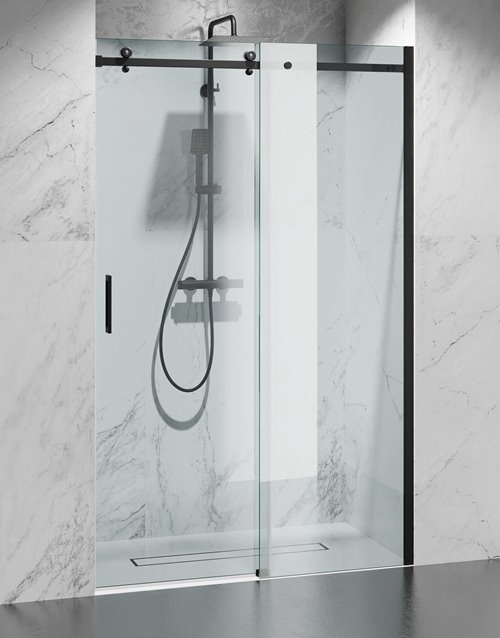 Drzwi prysznicowe rozsuwane prawe/lewe do wnęki 162-171 cm szkło 8mm przeźroczyste profile czarny mat Swiss Liniger