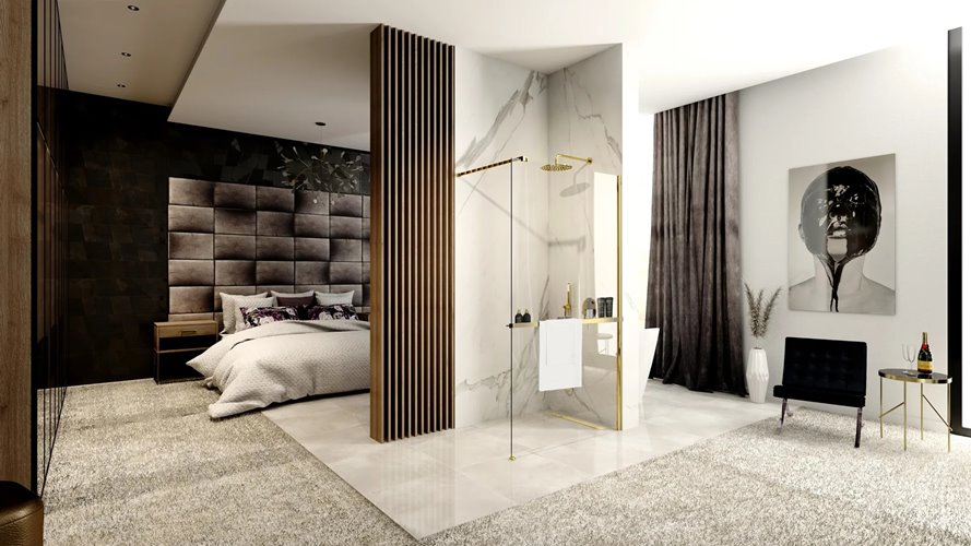 Złota ścianka prysznicowa z półką i wieszakiem 100 cm Aero Gold Evo Rea