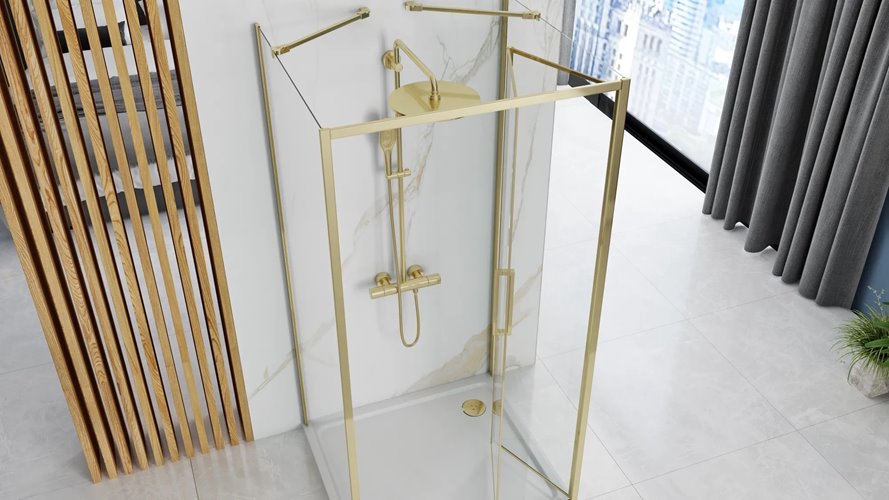 Złota kabina prysznicowa przyścienna drzwi składane 90x80 Rapid Fold Gold Rea