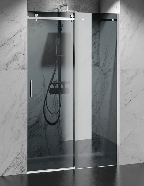 Drzwi prysznicowe rozsuwane prawe/lewe do wnęki 121-127 cm szkło 8mm grafitowe profile chrom Swiss Liniger