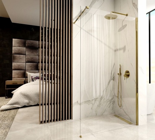 Złota szczotkowana ścianka prysznicowa walk-in 110 cm Aero Gold Rea