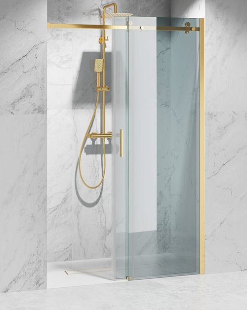 Drzwi prysznicowe rozsuwane prawe/lewe do wnęki 152-161 cm szkło 8mm przeźroczyste profile złoty mat Swiss Liniger