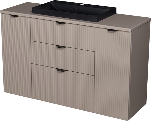 Szafka łazienkowa z lamelami wisząca z czarną nablatową umywalką 120 cm 39/3 Victa Lamello kolor fume mat