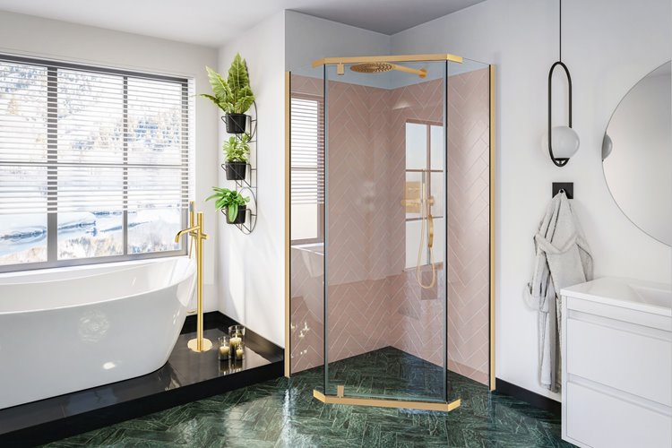 Złota kabina prysznicowa, pięciokątna 90x90 cm Stylio BK502PTZ+