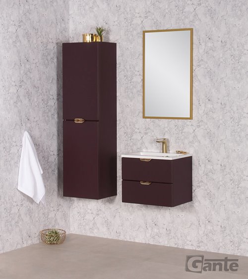 Burgundowa szafka łazienkowa wisząca z umywalką złoty uchwyt 50 cm Magnolia