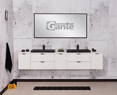 Biała matowa szafka łazienkowa z dwiema czarnymi umywalkami 210 cm Liv Victa