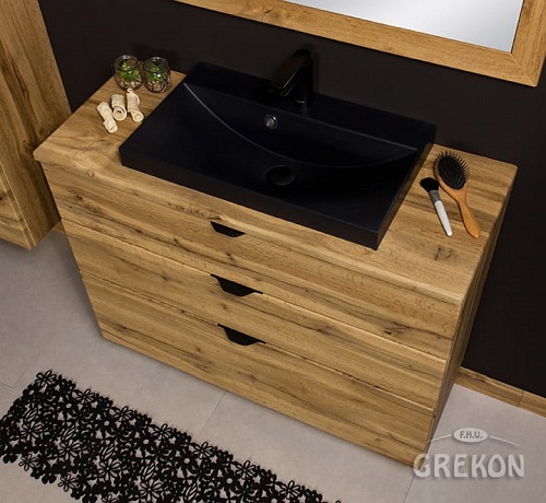 Szafka łazienkowa z czarną umywalką nablatową dąb naturalny 100 cm Victa Gante