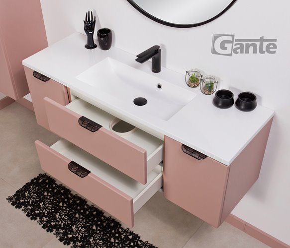 Szafka łazienkowa pudrowy róż z umywalką czarny uchwyt 120 cm Magnolia Gante
