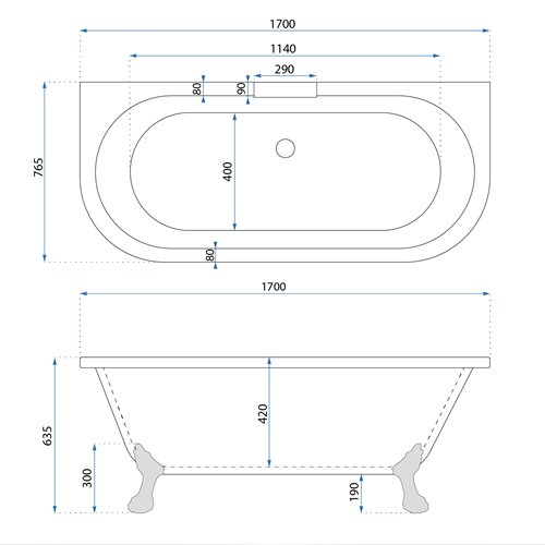 Wanna wolnostojąca przyścienna retro 170 cm Korfu Rea