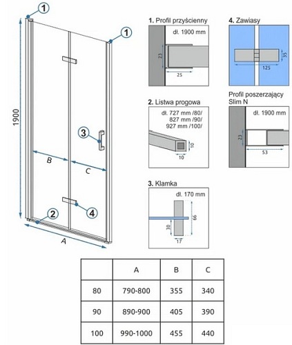 Drzwi prysznicowe składane 80 cm Molier Rea Chrome