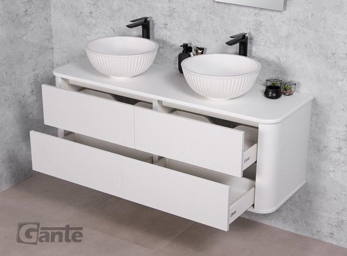 Szafka łazienkowa wisząca LILIA SMOOTH 140 cm biały mat z umywalką Gante