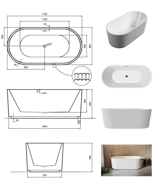 Giuliana B&W Besco czarno-biała wanna wolnostojąca 170 cm syfon chrom WASB-170-G