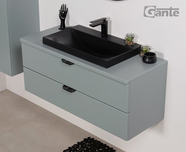 Miętowa szafka łazienkowa wisząca z czarną umywalką nablatową czarny uchwyt 100 cm Magnolia