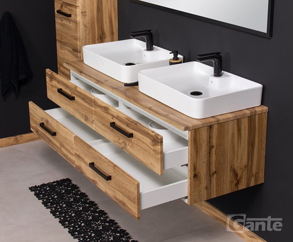 Szafka wisząca z dwiema umywalkami nablatowymi 140 cm 50/4 kolor dąb naturalny seria Fokus Loft Gante