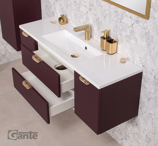 Burgundowa szafka łazienkowa wisząca z umywalką złoty uchwyt 120 cm Magnolia