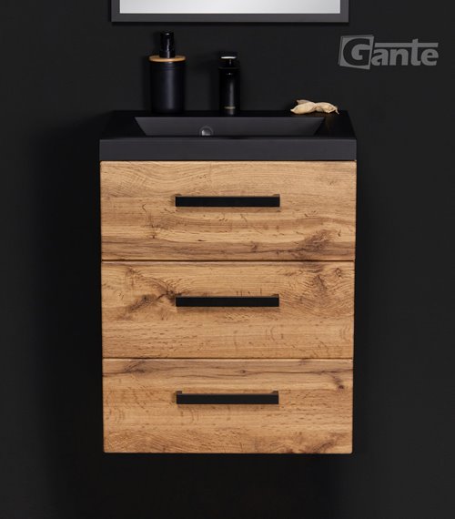 Szafka wisząca z czarną matową umywalką 50 cm kolor dąb naturalny 39/3 seria Fokus Loft Gante