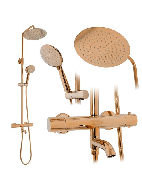 Miedziany zestaw prysznicowy z termostatem i wylewką Lungo Rea
