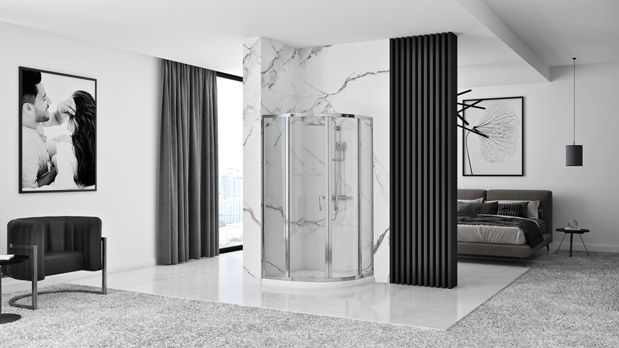 Chromowana asymetryczna kabina prysznicowa z brodzikiem rozsuwana 100x80 cm Look Rea Lewa