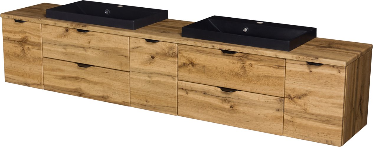 Szafka łazienkowa wisząca 2 x czarna umywalka nablatowa dąb naturalny 210 cm Victa Gante