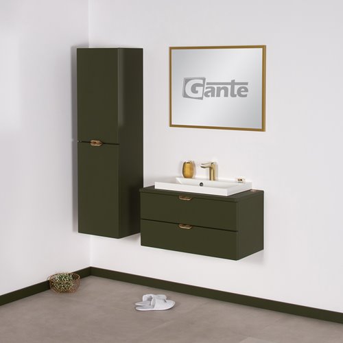 Oliwkowa szafka łazienkowa wisząca z białą umywalką nablatową złoty uchwyt 80 cm Magnolia