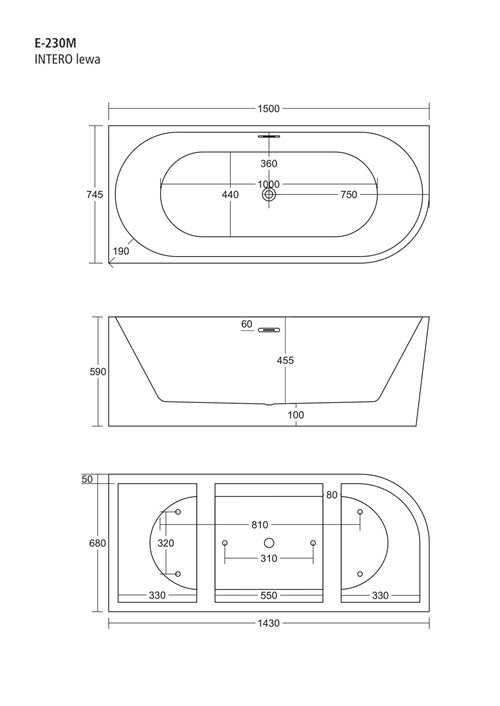 Wanna narożna przyścienna 150 cm Intero Corsan Lewa korek klik-klak biały