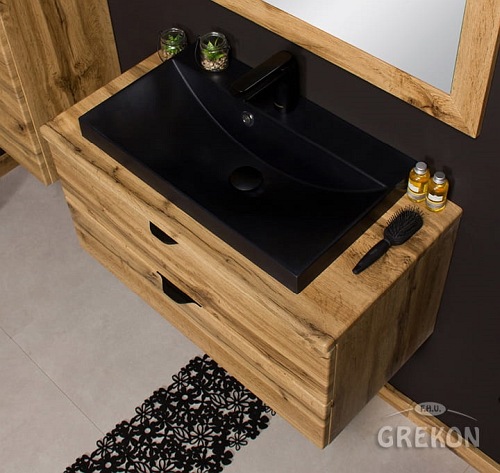 Szafka łazienkowa wisząca z czarną umywalką nablatową dąb naturalny 80 cm Victa Gante