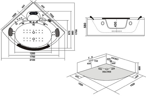 Wanna z hydromasażem narożna podgrzewacz wody 152x152 cm Tiga 604