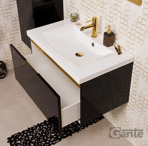 Czarna szafka z umywalką złoty uchwyt 80 cm seria Diamond Gold Gante C