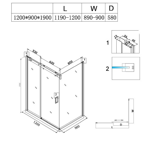 Czarna kabina prysznicowa prostokątna 120x90 szkło 8mm BS14C