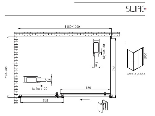 Kabina prysznicowa prostokątna 120X80 Kassari Prawa Plus