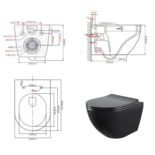 Czarna matowa miska wc wisząca Rimless Elite Tornado ELITE-MTB-03 Hydrosan