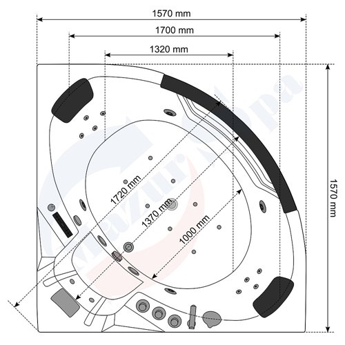 Wanna z hydromasażem narożna 157x157 cm MO-10632HC XL